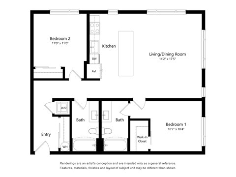 A floor plan of a small apartment with two bedrooms, a kitchen, a living/dining room, and two bathrooms.